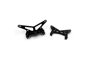 Two black anodized aluminium RC shock towers for front and rear suspension, shown on a white background.