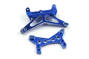 Two dark blue anodized aluminium RC shock towers from Yeah Racing on a white background.