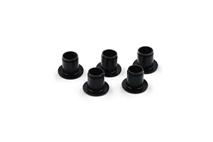 Five small black flanged Delrin suspension arm washers arranged on a white background.