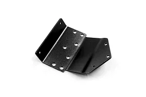 A black aluminium front bumper skid plate for an RC car, featuring multiple mounting holes and a bent, angular design.