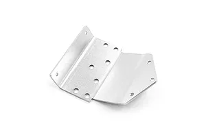 A silver aluminium front bumper skid plate for an RC car, featuring multiple mounting holes and a bent, angular design.