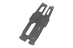 A flat, black carbon fiber upper deck plate for an RC car chassis with a distinct weave pattern and multiple mounting holes.