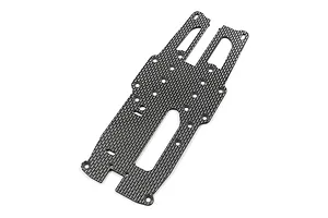 A flat, rectangular graphite upper deck for an RC car chassis, featuring a woven carbon fiber pattern and multiple mounting holes.