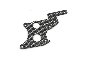 A flat, black carbon fiber rear chassis brace plate for an RC car with a distinct woven pattern and multiple mounting holes.