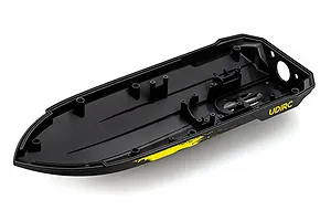 A black plastic RC boat bottom hull replacement part with yellow UDIRC branding on a white background.