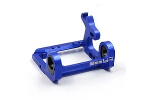 A dark blue anodized aluminium LCG motor mount for RC cars, featuring the Yeah Racing logo and 98mm marking, isolated on a white background.