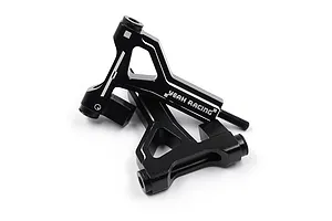 Two black anodized aluminium front lower suspension arms for RC cars by Yeah Racing, featuring machined cutouts and white branding.