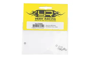 A pack of 10 black aluminium washers from Yeah Racing, model YA-0754BK, shown in a clear plastic bag with a yellow header card.