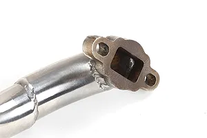 Close-up of the mounting flange and welded pipe section of a Rovan RC exhaust pipe.