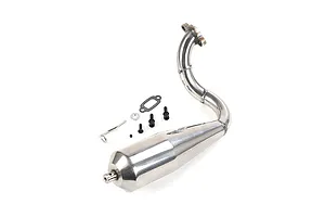 Rovan RC exhaust pipe set including a polished metal tuned pipe, mounting hardware, and gasket on a white background.