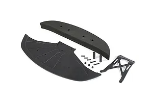 Rovan front bumper set including a foam bumper, plastic bumper plate, support brace, and mounting hardware on a white background.