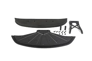 Rovan front bumper set including a foam bumper, plastic skid plate, support bracket, and mounting hardware on a white background.