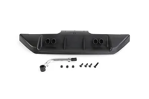 Rovan rear bumper set for RC cars, including a black plastic bumper, metal support bar, and various screws and nuts on a white background.