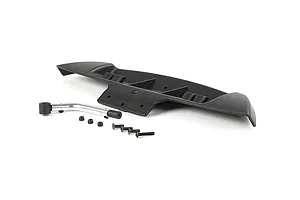 Rovan rear bumper set for RC car including a black plastic bumper, metal support bar, and small hardware components.