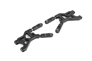 Two black plastic RC rear lower suspension arms with metal pivot ball ends on a white background.