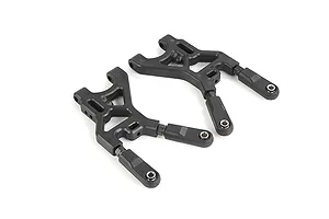 Two black plastic rear lower suspension arms for an RC car, shown from a top-down angle against a white background.