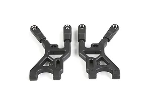 A pair of black plastic rear lower suspension arms for an RC vehicle, shown from a top-down perspective against a white background.