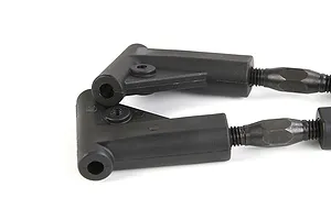 Two black Rovan RC rear upper suspension arms with metal threaded rod ends against a white background.