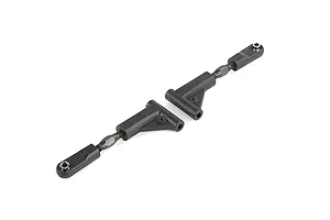 Two black Rovan RC rear upper suspension arm assemblies with metal turnbuckles and plastic ends on a white background.