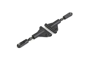 Two black Rovan RC front upper suspension arms with adjustable turnbuckle ends on a white background.