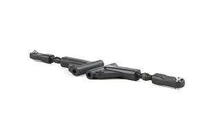 Two black Rovan RC front upper suspension arms with adjustable rod ends on a white background.