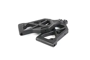 Two black plastic RC car front lower suspension arms with metal pivot inserts, isolated on a white background.