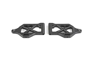 A pair of black plastic front lower suspension arms for an RC vehicle, shown from a top-down perspective against a white background.