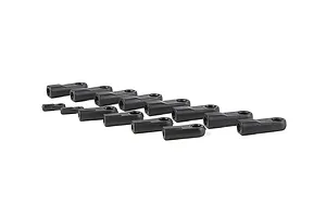 A collection of various black plastic RC rod ends arranged on a white background.