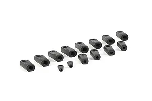 A collection of various black plastic RC rod ends of different sizes arranged on a white background.