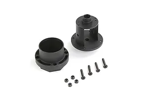 A Rovan differential case set including two black plastic housing halves, four screws, and four lock nuts on a white background.