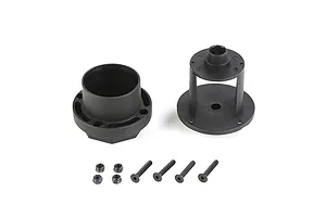 Rovan RC differential case components including two black plastic housing parts, four screws, and four lock nuts on a white background.