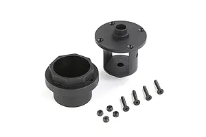 Rovan RC differential case components including two black plastic housing parts, four screws, and four lock nuts on a white background.