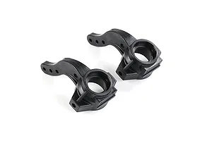 Two black plastic RC steering hubs positioned on a white background.