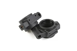 Two black plastic rear hub carriers for an RC vehicle, shown from a high angle against a white background.