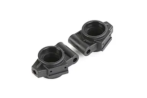 Two black plastic rear hub carriers for an RC vehicle, shown from an angled perspective against a white background.