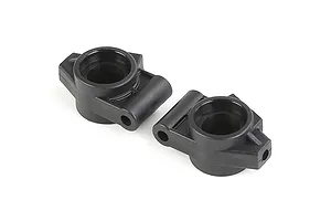 Two black plastic rear hub carriers for an RC vehicle, shown from a high-angle perspective against a white background.