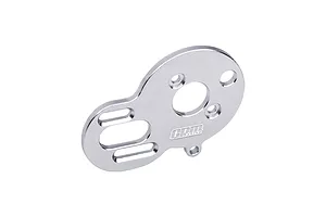 A silver GPM Racing aluminium motor plate for RC cars, featuring mounting holes and slots, isolated on a white background.