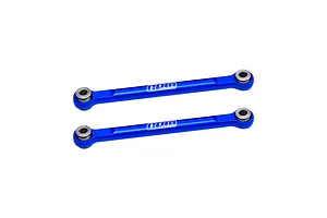 Two blue anodized aluminium GPM Racing steering linkage rods with metal pivot ball ends, isolated on a white background.
