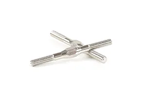 Two silver-coloured metal adjustable turnbuckle rods for RC vehicles, shown crossed on a white background.