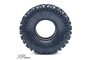 A single black Reefs RC 1.9 inch Crux crawler tyre with aggressive tread pattern and embossed branding on a white background.