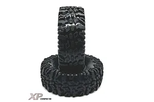 Two black 1.9 inch RC crawler tyres stacked vertically against a white background, featuring aggressive tread patterns and XP Compound branding.
