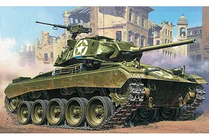 An artistic illustration of an olive drab M24 Chaffee light tank driving through a war-torn city street with damaged buildings in the background.