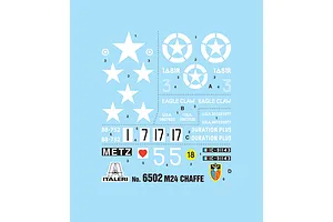 A decal sheet for the Italeri 1/35 M24 Chaffee tank model kit, featuring various white stars, numbers, and text markings on a light blue backing.