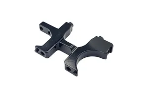 A black anodized aluminium RC car bulkhead component shown from a high-angle perspective against a white background.