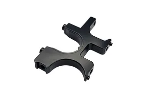 A black anodized aluminium RC car bulkhead part shown from an angled perspective against a white background.