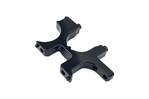 A black anodized aluminium RC car bulkhead part shown from an angled perspective against a white background.