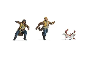 Two painted 1/48 scale RAF pilot figures in flight gear running alongside a small dog on a white background.