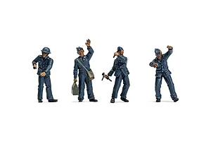 Four painted 1/48 scale RAF ground crew figures in blue uniforms standing in various poses against a white background.
