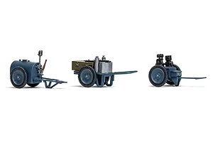 Three assembled and painted 1/48 scale RAF ground crew equipment trolleys from an Airfix model kit, isolated on a white background.