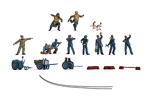 A collection of 1/48 scale WWII RAF ground crew figures, equipment, and accessories, including pilots, mechanics, a dog, and ground support gear.